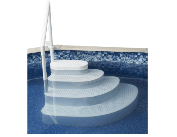 White pool steps with handrail in blue water.